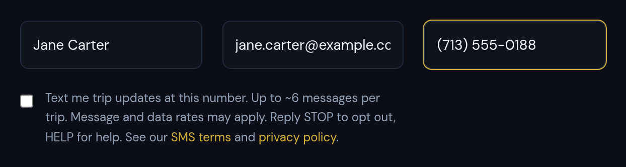 Screenshot of the booking form showing the name, email and mobile number fields with an unticked checkbox reading: Text me trip updates at this number. Up to ~6 messages per trip. Message and data rates may apply. Reply STOP to opt out, HELP for help.
